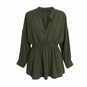 Boohoo Long Sleeve Elastic Waistband Tunic Pullover Blouse Top Green Size 2